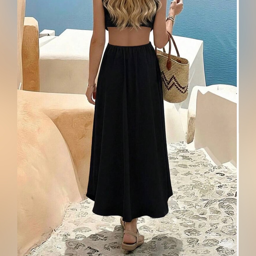 Black Maxi Dress with Ivory Geometric Trim and Front Slit - Picture 2 of 11